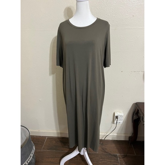 Eileen Fisher Dresses & Skirts - Eileen Fisher Olive Green Viscose Jersey Short Sleeve Midi T-Shirt Dress L